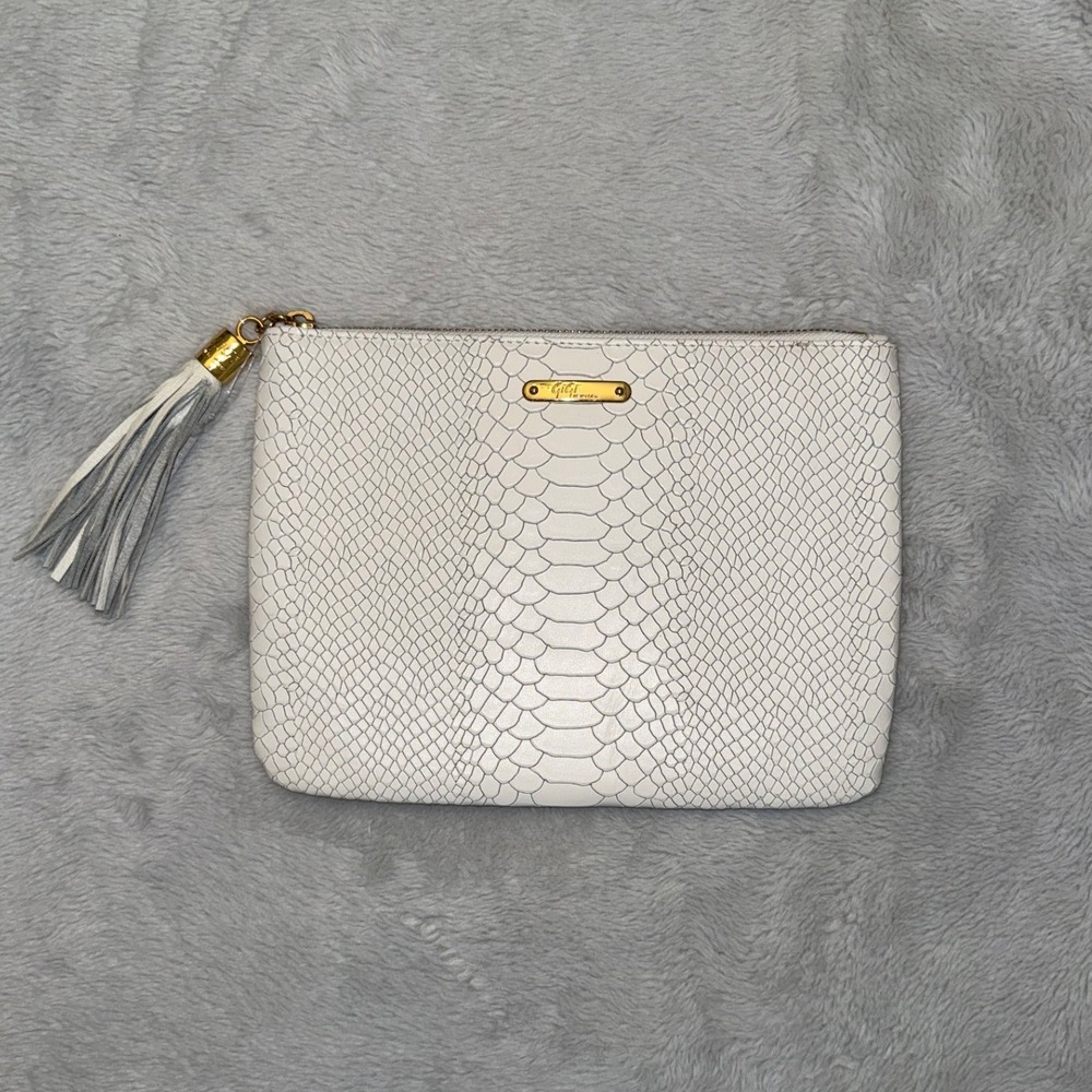 GiGi New York White Python Embossed Leather Tassel Clutch Bag Gold Hardware